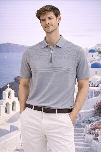 Maccali Чоловіча комфортна футболка з коротким рукавом і сірим коміром-поло