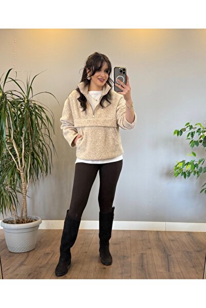 Mars Taş Yarım Fermuarlı Kanguru Cepli Oversize Peluş Polar Sweatshirt