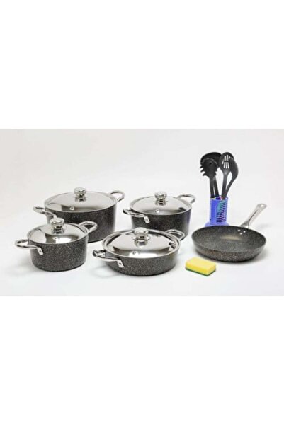Al-Amal Granite Pot Set 15 Pieces Black with Silver Handle