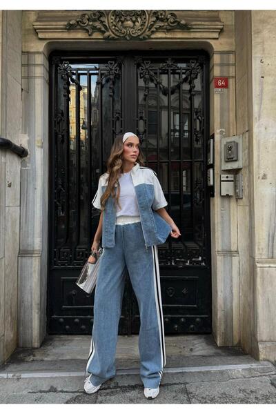 Bliss Women's Denim Detailed Zippered Short Sleeve Striped Denim Tracksuit Set