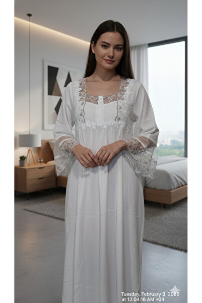Maison Emarat Premium Long Nightgown with Scalloped Floral lace Detailing