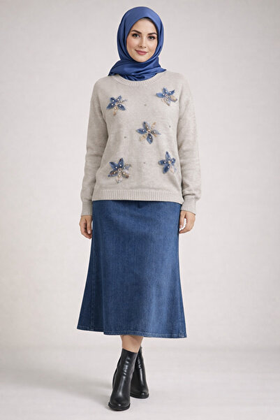 AVSARWEAR Women's Tulle Floral Detailed Skirt Top Knitwear Sweater