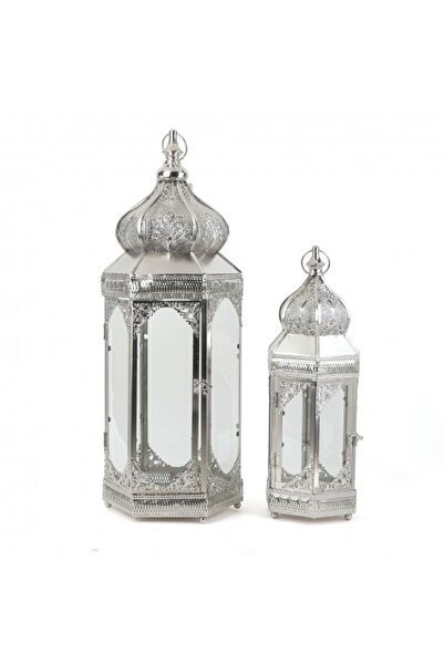 Generic Metal Lantern Set Silver and Transparent Glass - 2 Sizes