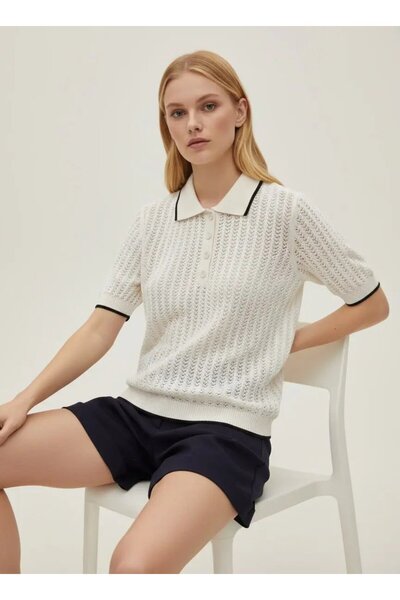 Park Karon Women's Polo Collar Button Detail Openwork Knitwear Sweater 12198