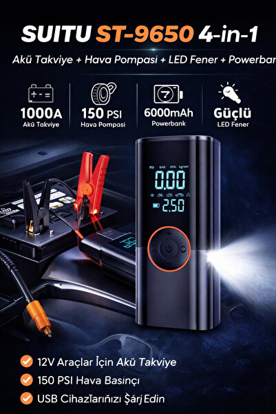 DigiMonster Suıtu ST-9650 150 Psı 4in1 6000MAH 1000A Akü Takviye+Hava Pompası...