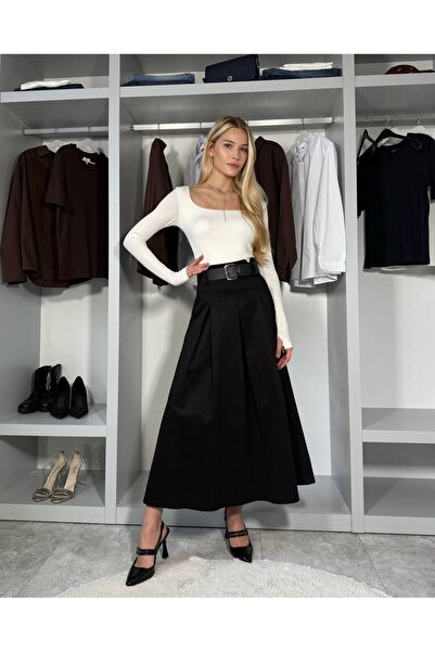 FLOWERİNG Women's Black Belted Pleated Skirt