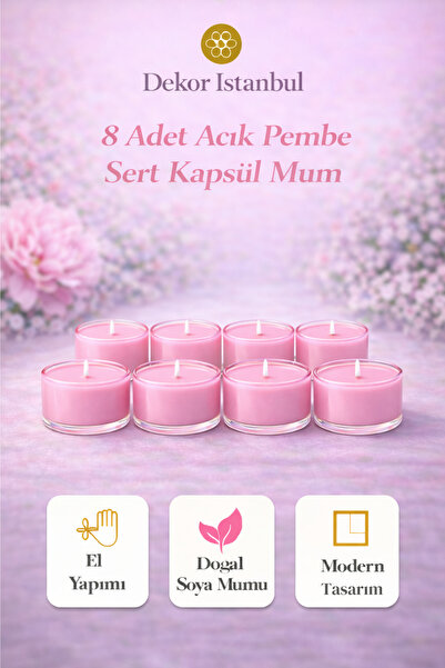 Dekor İstanbul 8’li Açık Pembe Sert Kapsül Mum Seti Doğal Soya El Yapımı Deko...