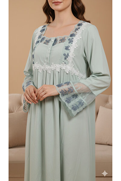 Maison Emarat Premium Long Nightgown with Scalloped Floral lace Detailing