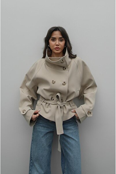 Havoş Stone Color Zinno High Collar Belted Trench Coat