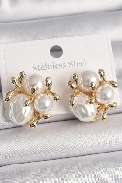 Nacario Mey imports ®   Brass gold color pearl bud model women's earrings