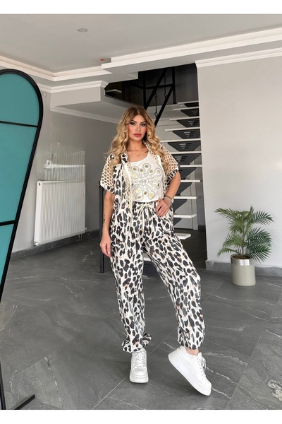 RED WOMAN FASHİON Leopard Hooded Set with Mesh Detail