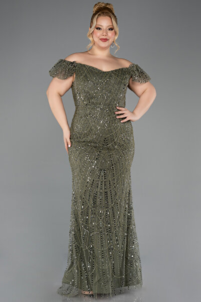 Abiyefon Haki Kayık Yaka Boncuklu Uzun Büyük Beden Abiye ABU5548