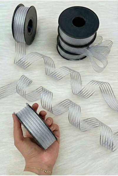 ZEYMERADE Silver Glitter Hilton Striped Chiffon Ribbon 2.5cm 20Mt, Bridal Bun...