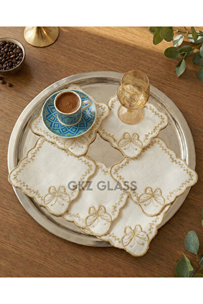 gkzglass home dekor 6 Pieces of Linen Fabric with Embroidered Coffee Side Coc...