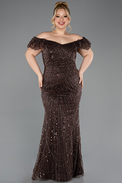 Abiyefon Kahve Kayık Yaka Boncuklu Uzun Büyük Beden Abiye ABU5548