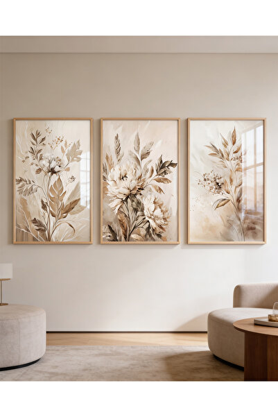 bestablo 3-Piece Framed Wooden Painting Set – Beige Floral Pattern Decorative...