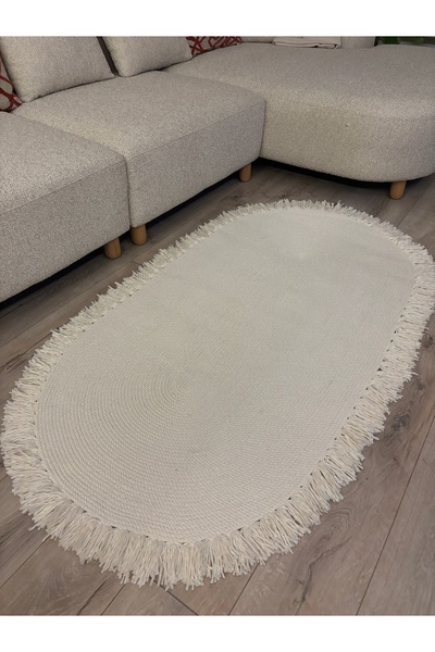 MaVaux Natura Krem Burgu Halat, Hasır Örgü Yuvarlak Saçaklı Jüt Kilim Doğal E...