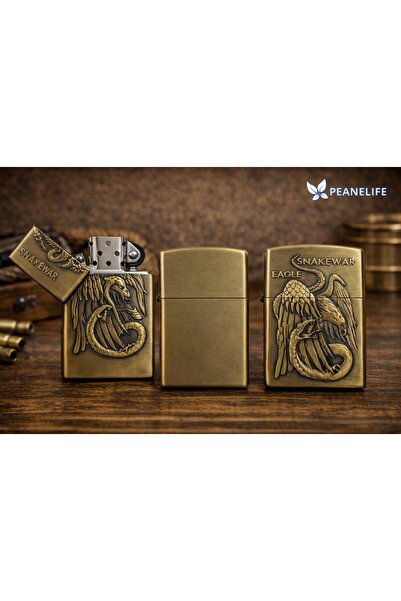 peanelife Kartal & Yılan Desenli Benzinli Metal Çakmak 5,6 cm – Klasik Kapaklı