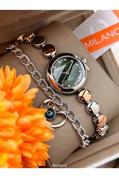 Ferrucci Oval Case Women's Mini Case, Silver Rose Color Steel Band, Green Dia...