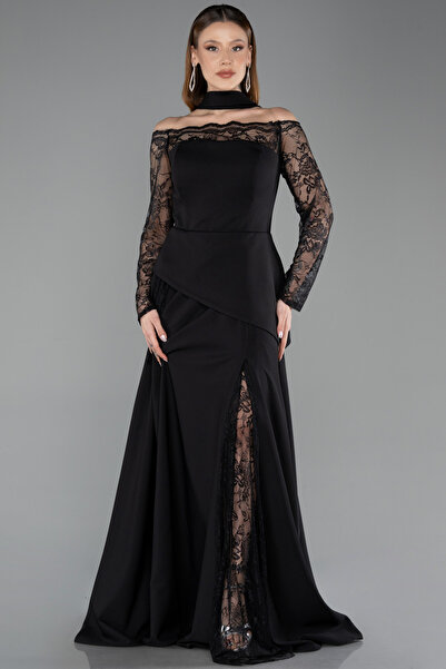 Abiyefon Siyah Dantelli Uzun Kol Büyük Beden Abiye ABU5657