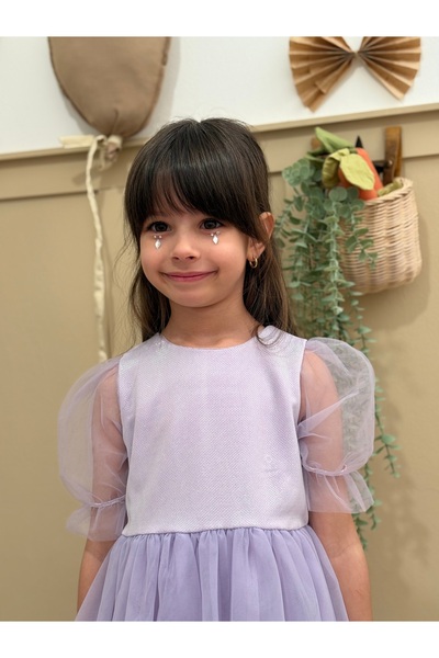 penu baby kids Lilac Short Balloon Tulle Sleeve Detailed Baby Girl Dress with...