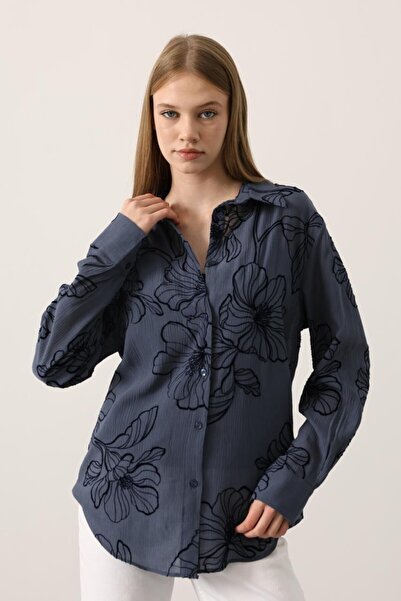 cemo Kadın Çiçek Desenli Uzun Kollu Düğmeli Gömlek
