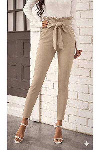 Kanonik Education Women's High Waist Ruffled Front Tie Imported Crepe Pants