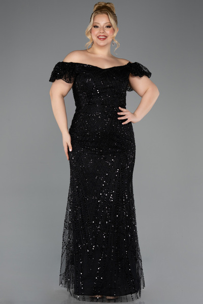 Abiyefon Siyah Kayık Yaka Boncuklu Uzun Büyük Beden Abiye ABU5548