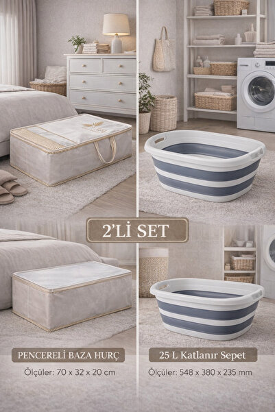 PONÇİK BEBEK 2’li Set Pencereli Büyük Boy Baza Hurç & 25 Litre Katlanır Kirli...