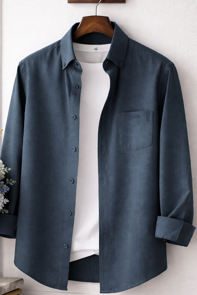 Varetta Men's Slate Blue Large Size Shirt Long Sleeve Single Pocket Wide Cut