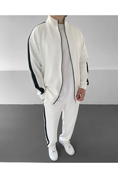 comstar Men's Striped Zippered Sweatshirt Loose Tracksuit White Two-Piece Set