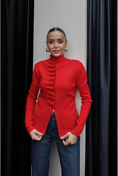 Havoş Red Flounce Half High Collar Sweater