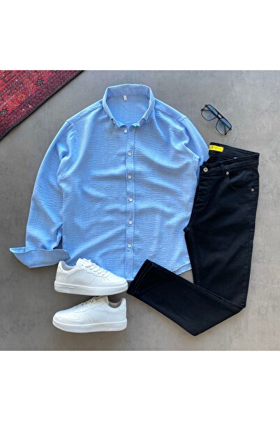 THANBUTİK Crinkle Linen Shirt and Slimfit Jeans 2-Piece Set