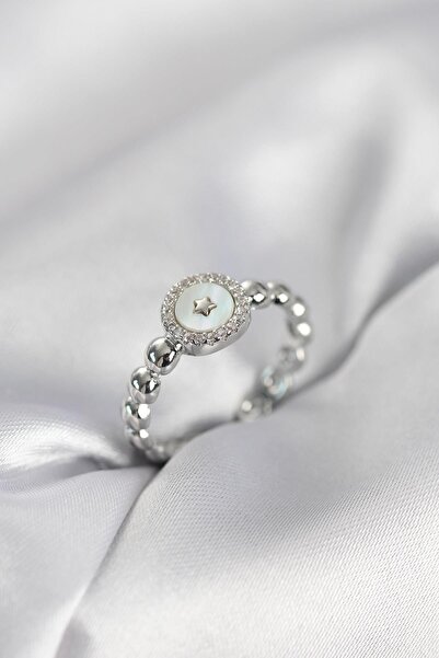 Inure Jewelry خاتم نسائي فضي اللون مرصع بحجر الزركون على شكل نجمة لؤلؤية