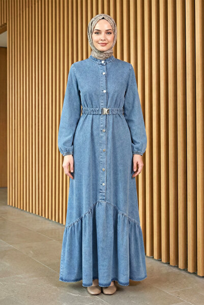 Kirazgym Women's Rubber Belted Buttoned Long Denim Dress - Ice Blue