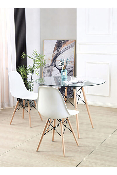 M SMART 3-Pieces Dining Set – Round Glass Table 80x80x72cm with Wooden Legs w...