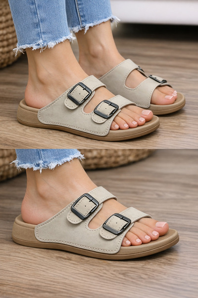 GEZER krem bej çift tokalı ortopedik günlük terlik