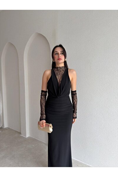 Rabia Çelik Kadın Degaje Yaka Eldivenli Sırtı Komple Dantel Detaylı Siyah Max...