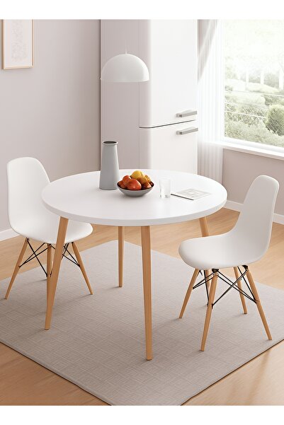 M SMART 3-Pieces Dining Set, Modern White Round Table 80x80x72cm with 2 White...