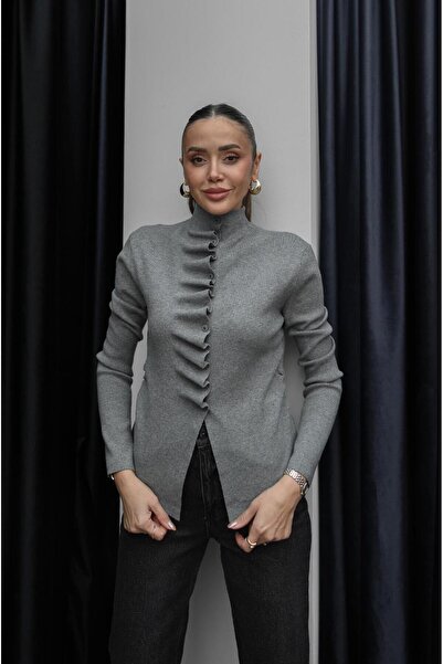 Havoş Gray Flounce Half High Collar Sweater