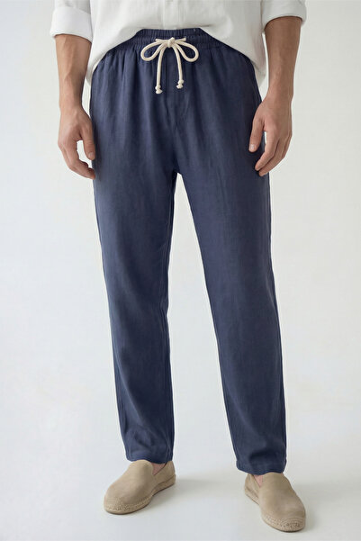 Veleno Men's Palazzo Trousers Navy Blue Wide Leg High Waist with Back Pockets