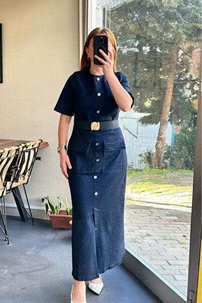 Pulli Collection Дълго синьо деним рокля с детайлен колан с копчета