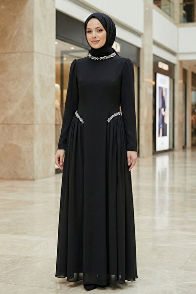 Kirazgym Women's Lined Crepe Hijab Evening Dress with Stone Collar and Waist,...