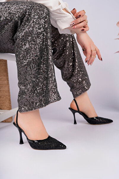 Lölük Moda Women's Black Lace Isabella Beaded Detailed Strappy Pointed Toe Ev...