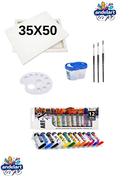 andelart 35x50 Tuval ve Rich Akrilik Boya Seti - 12 Renk Akrilik Boyalı 5 Par...