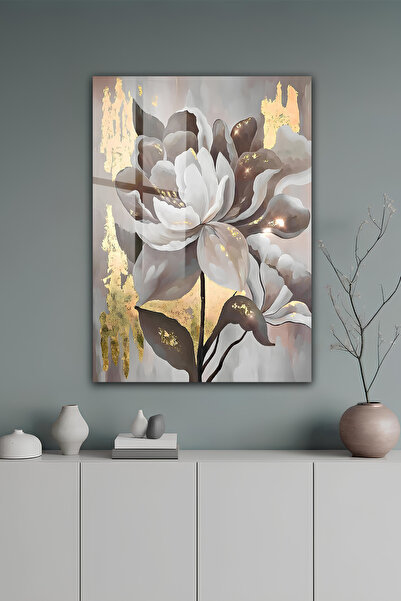 kutuTR Gold Detaylı Modern Çiçek Desenli Antrasit ve Bej Cam Tablo 2D UV Bask...