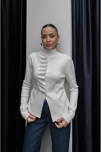 Havoş Ecru Flounce Half High Collar Sweater