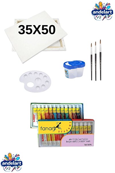 andelart Tuval Seti 35x50 cm - 12 Renk Akrilik Boya, Fırça, Palet ve Su Kabı ...