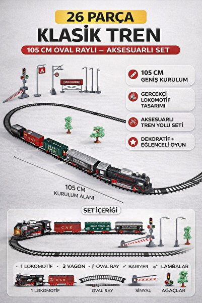 TRENDZONE Pilli Sesli Işıklı 26 Parça Klasik Tren Seti | Oval Raylı Tren Oyuncak