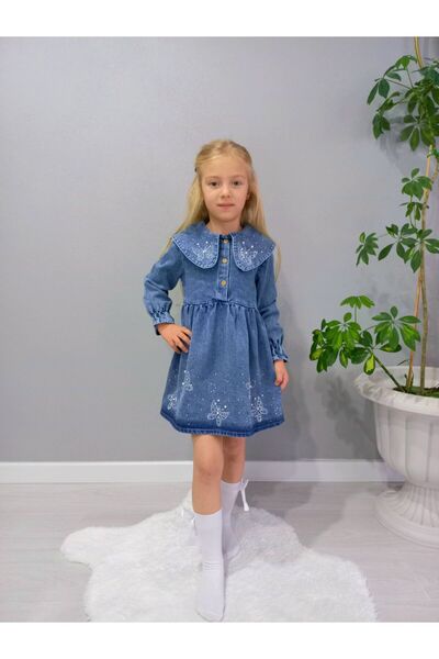 aynuraa Jeans Denim Pearl-Detained Butterfly Stone Printed Dress